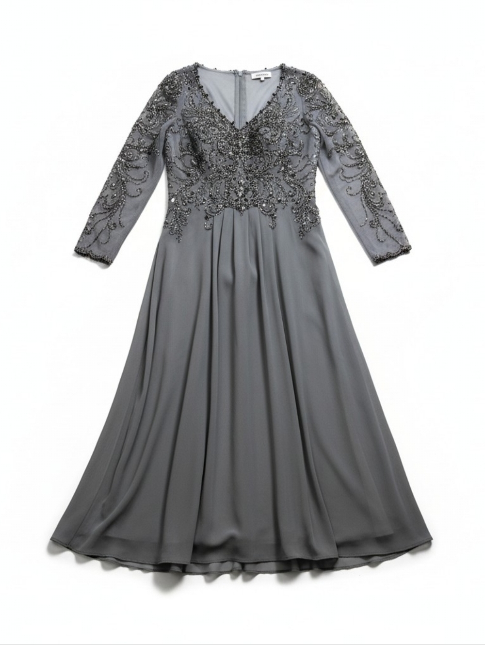 MGNY Madeline Gardner Slate Gray Beaded Illusion Gown - Size 6- Tea Length - Picture 14 of 16